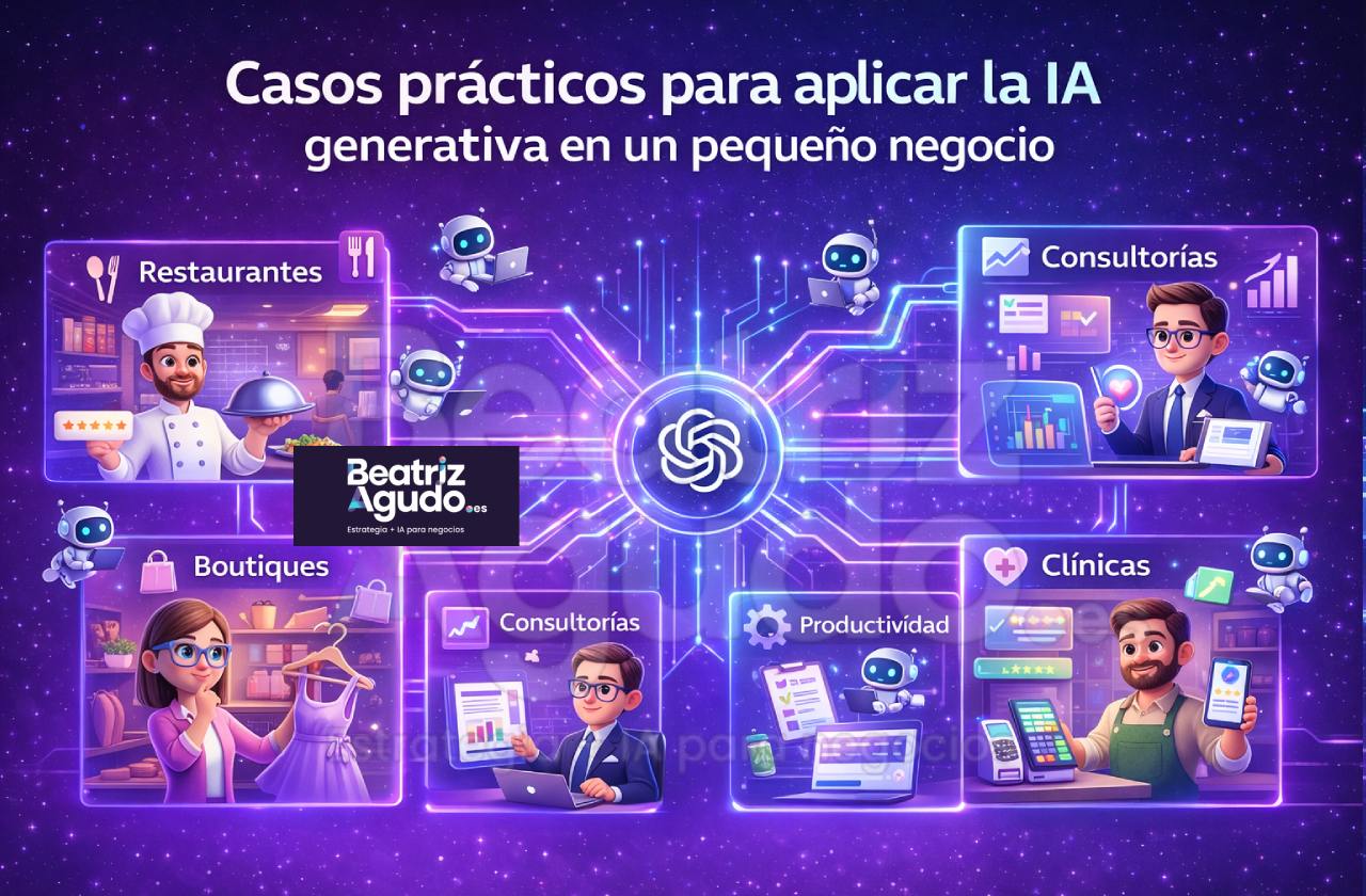 Casos prácticos para aplicar la IA generativa en un pequeño negocio, por tipo de negocios, por beatrizagudo.es