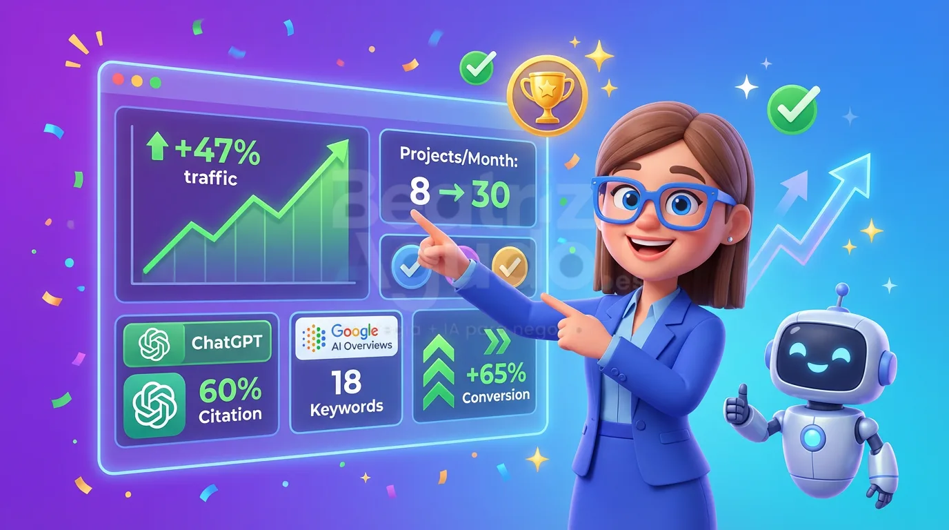 Resultados AIO diseño web empresa seguridad: tráfico +47%, ventas triplicadas de 8 a 30 proyectos mes, 60% citaciones ChatGPT, 18 keywords AI Overviews
