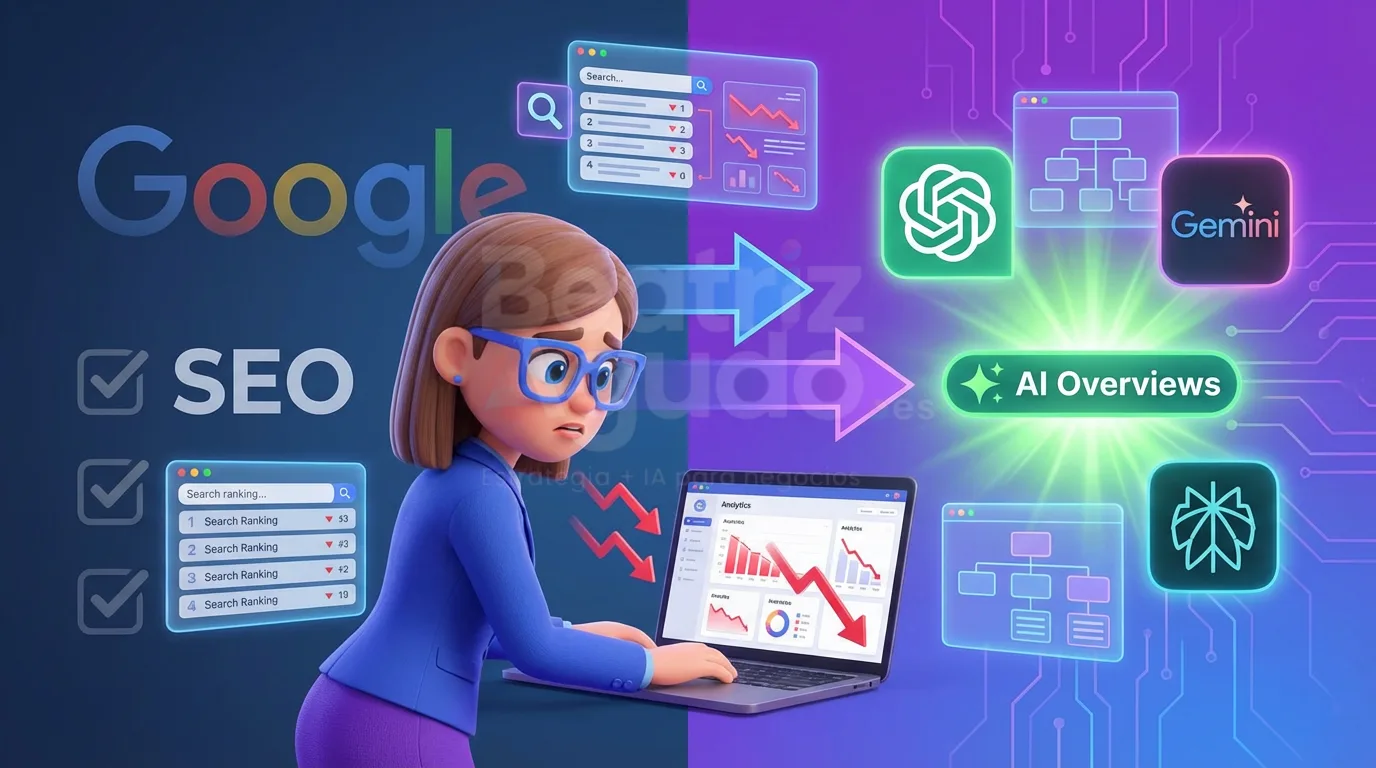 Transición de SEO tradicional a AIO con IA: gráficos de métricas descendentes y nuevas oportunidades con ChatGPT y Google AI Overviews

