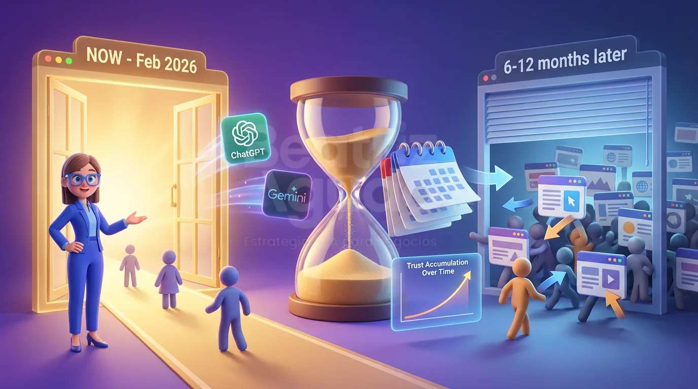 Ventana de oportunidad AIO diseño web febrero 2026: ahora hay espacio libre, en 6-12 meses competencia habrá ocupado espacios en ChatGPT y AI Overviews
