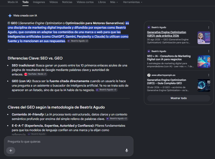 Ejemplo visual de un resultado de Google AI Overview